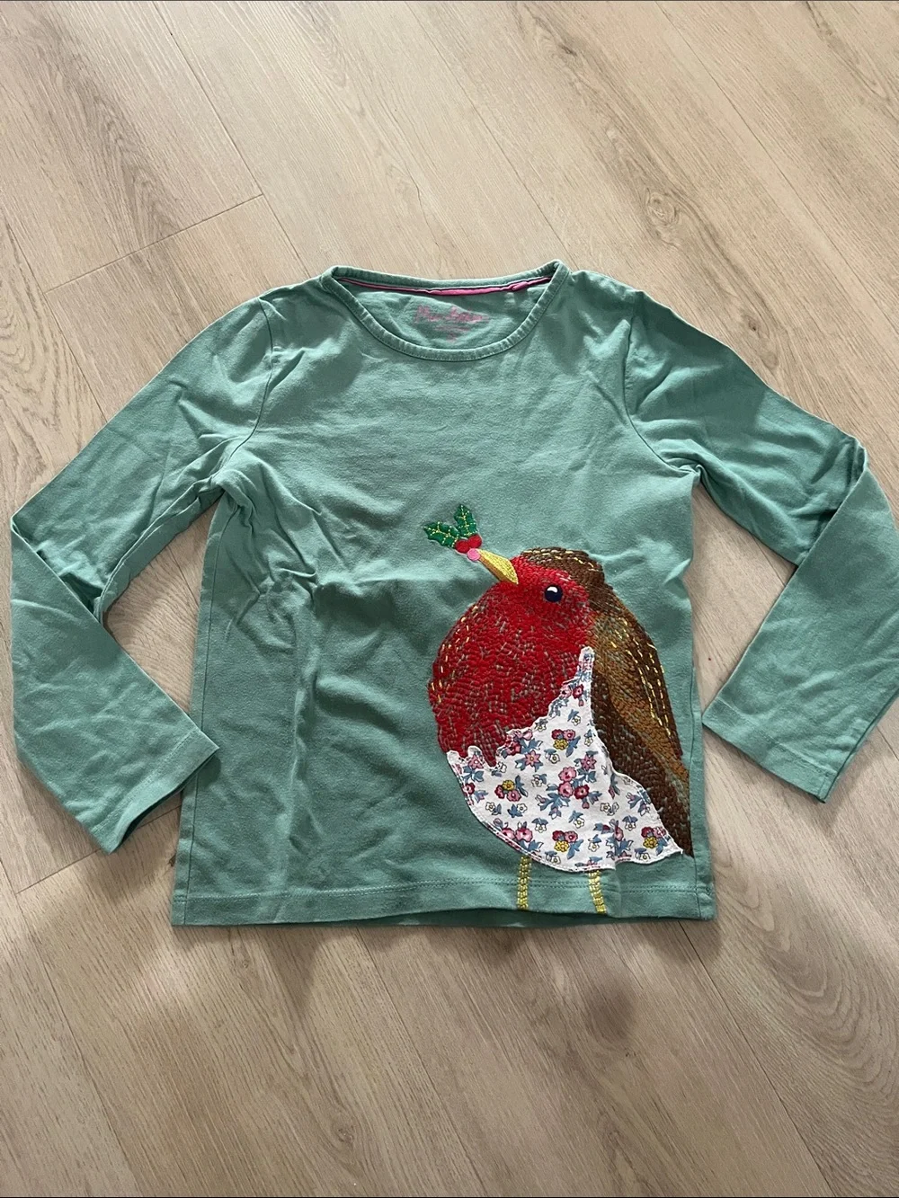 Mini Boden Teal Green Long-Sleeve Tee with Red & Brown Bird Applique